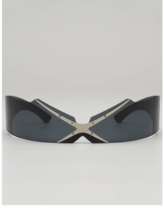 Detail of cyber-style sports sunglasses featuring a silver metal X-shaped nose bridge