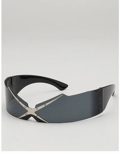 Macro detail of futuristic Y2K sunglasses with silver X-shaped metal bridge decoration
