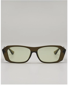 Detail of square vintage sunglasses with olive green frames and pale yellow lenses