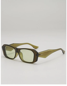 Detail view of olive green translucent square sunglasses frame with metal rivets