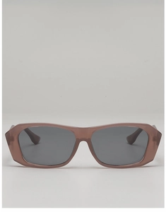 Detailed view of square chunky sunglasses with translucent brown-purple frames and grey lenses