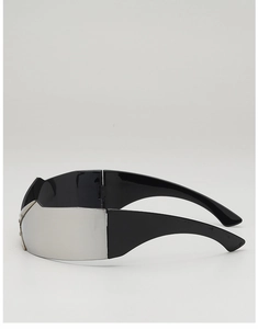 Detailed view of futuristic wrap-around silver mirror sunglasses with wide black temples