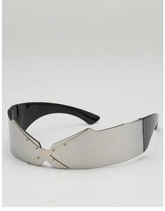 Macro shot of futuristic silver shield sunglasses with a metal X-bridge and screw detail
