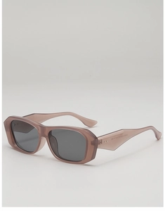 Detail view of pink translucent square sunglasses with gray lenses and metal hinge