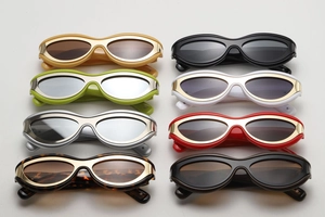 Vue détaillée de lunettes de soleil œil-de-chat vintage en huit coloris acidulés variés