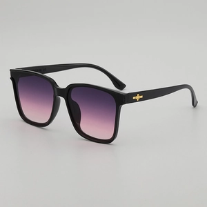 Classic black square sunglasses with purple-pink gradient lenses and gold cross metal trim
