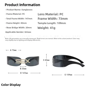 Detailed size chart for cyberpunk frameless rectangle sunglasses with PC frame measurements