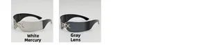 Detail of Y2K wraparound sunglasses with metal letter decor and mirrored lenses