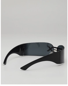 Detailed side view of futuristic Y2K cyberpunk wrap-around sunglasses in sleek black plastic
