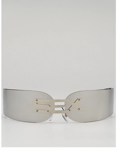 Detail of silver mirrored lens Y2K visor sunglasses with metallic SEX letter bridge