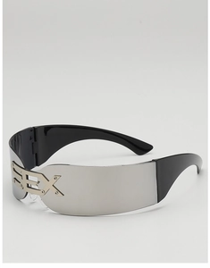 Detail of silver mirrored cyberpunk sunglasses featuring metallic SEX letter decoration