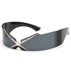 Cyberpunk shield sunglasses with silver metal X-shaped bridge and gray lenses