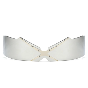 Futuristic silver wraparound sunglasses with central X-shaped metal bridge and mirror lens