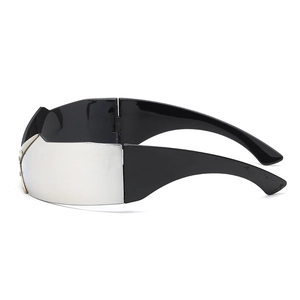 Futuristic wraparound sunglasses with silver mirror lens and black glossy temples