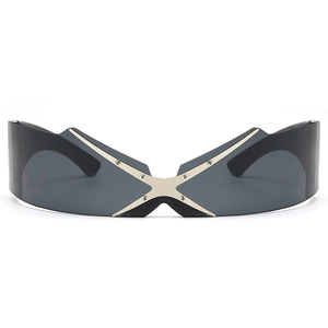 Futuristic wraparound shield sunglasses with silver metal X-decoration and industrial screws