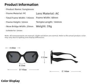 Detailed size guide for oversized polygon sunglasses with PC frame and AC lenses