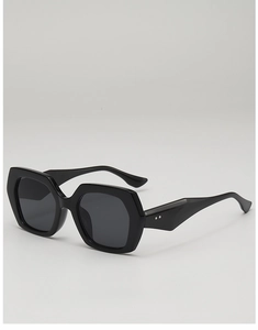 Detailed side view of matte black geometric sunglasses with thick oversized frames