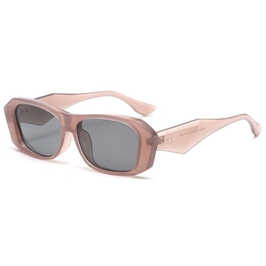 Retro square pink translucent sunglasses with geometric wide temples and dark gray lenses