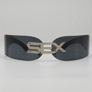 Cyberpunk rectangle shield sunglasses with silver SEX letter metal decor and grey lenses