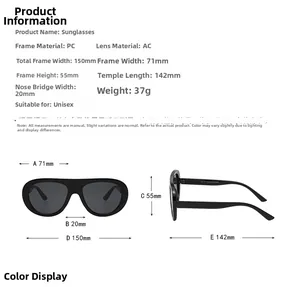 Detailed size specifications for PC frame aviator sunglasses with dimensions and weight
