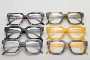 Detailed grid showing square eyeglass frames in tortoiseshell, olive green, and gradient tones