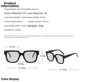 Detailed technical specifications and dimensions for these square black glasses frames