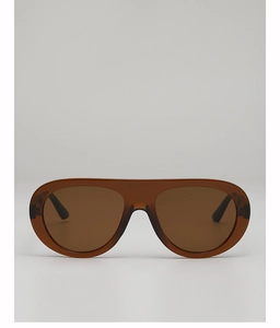 Close-up of thick-frame brown aviator sunglasses with tinted lenses and retro design