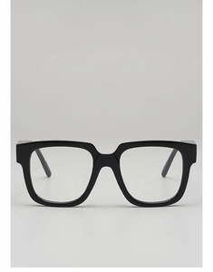 Front view of classic black thick square frame glasses with a polished neutral finish