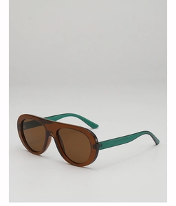 Detail of vintage aviator sunglasses with brown translucent frame and teal temples