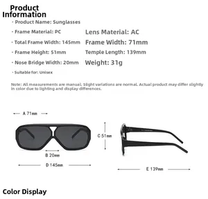 Detailed size specifications for retro double-bridge sunglasses with clear dimensions