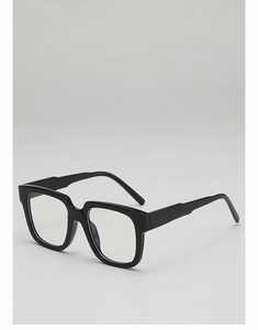 45-degree angle view of glossy black square frame glasses with sleek temples
