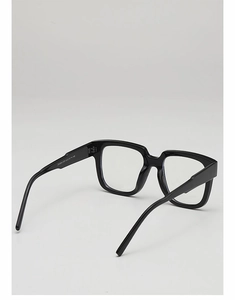 Detail view of wide temple arms with size specs on black square optical glasses frame