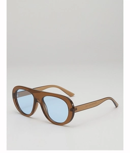 Side view of translucent brown pilot sunglasses with light blue lenses and chunky frame