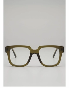 Detail of olive green square eyeglass frames with contrast black temples and integrated nose pads