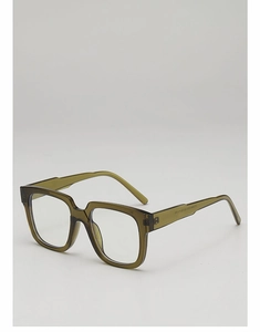 Macro view of olive green transparent square glasses frame with metal hinge details