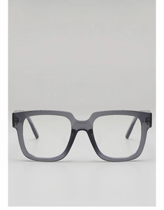Front view of translucent dark gray square eyeglass frames with clear lenses