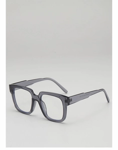 Detail view of transparent grey square eyewear frames with temple size specifications