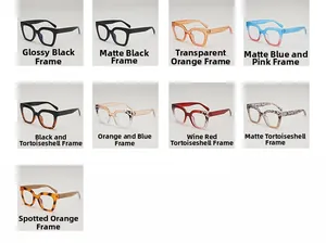 Detailed grid showing nine stylish square frames in various tortoiseshell and solid colors