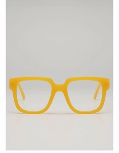 Detailed view of bold yellow square acetate frames with transparent lenses and retro design