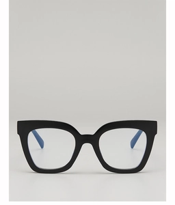 Detail of square black glasses frame with blue contrast inner temple and thick frame