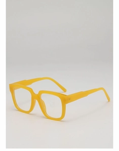 Detail view of bold yellow square eyeglasses frame with transparent optical lenses