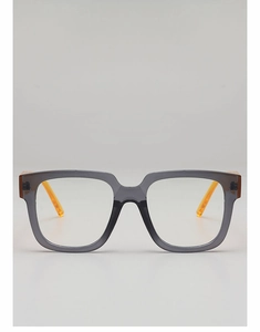 Front close-up of square glasses frame with transparent grey rims and amber temples