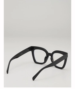 Detail view of glossy black square eyeglass frames with model number WF1272 on the temple