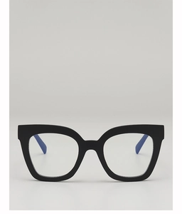 Close-up of square leopard print glasses frame with blue color blocking on temple tips