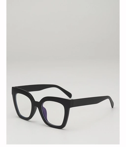Detail showing matte black square frames with anti-blue light purple lens reflection