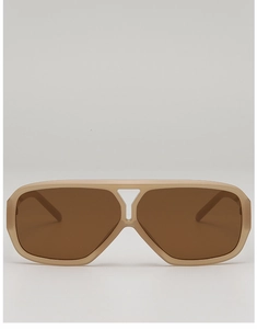 Detailed view of beige flat top aviator sunglasses with brown lenses and retro double bridge