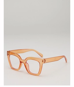 Detail view of orange transparent square eyeglass frame with NF1322 model numbering