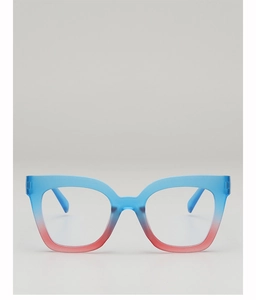 Detail view of large square frame glasses with gradient blue and red stylish finish