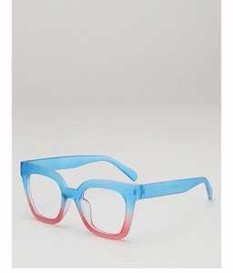 Detailed side view of gradient blue and pink square eyeglasses with wide temples