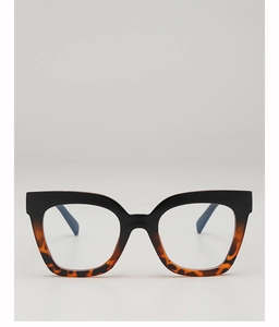 Close-up of black and tortoise shell square cat-eye frame glasses with clear lenses
